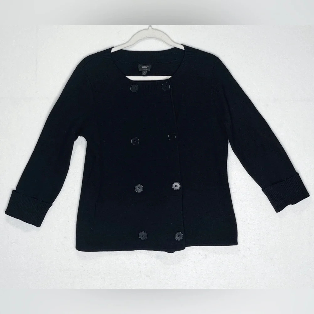 Talbots 100% Merino Wool Black Sweater Large Decorative Buttons Snap Closure